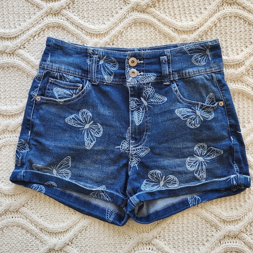 No Boundaries High Waisted  Cuffed Denim Butterfly Booty Shorts Size 11